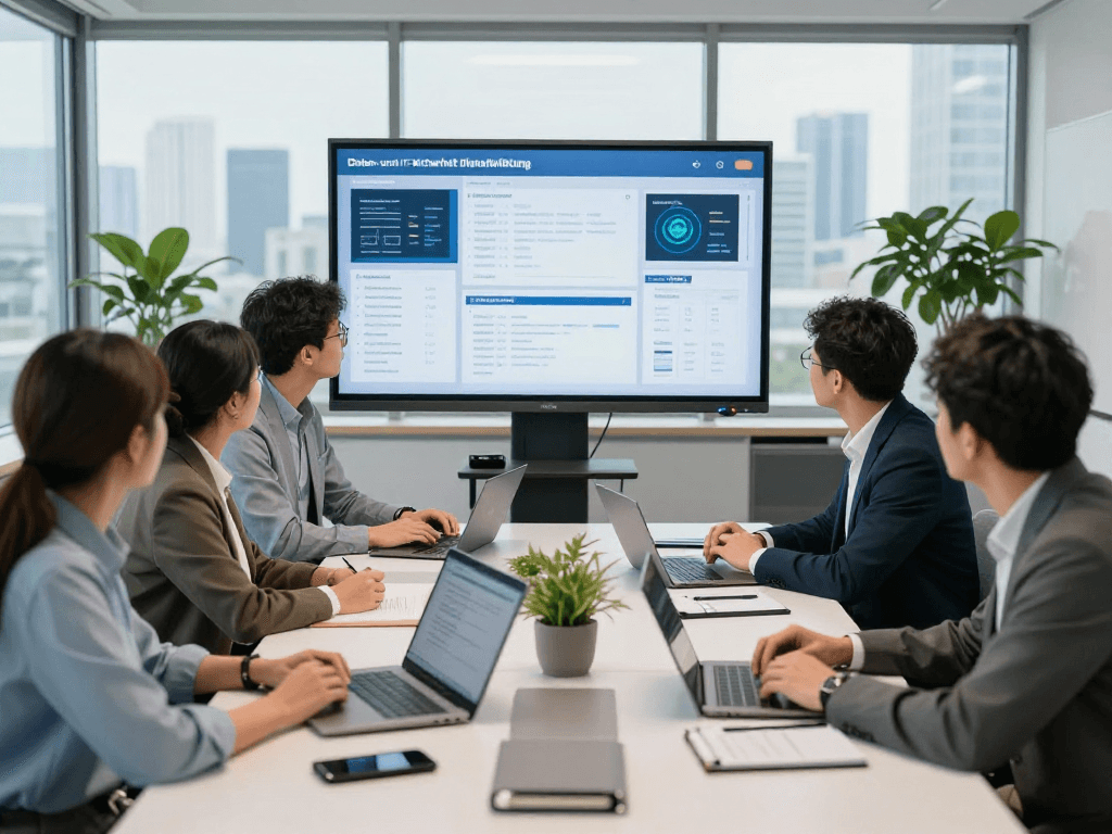 Daten- und IT-Sicherheit Dienstleistung consultation in a modern office, IT expert engaging with diverse team around security analytics.