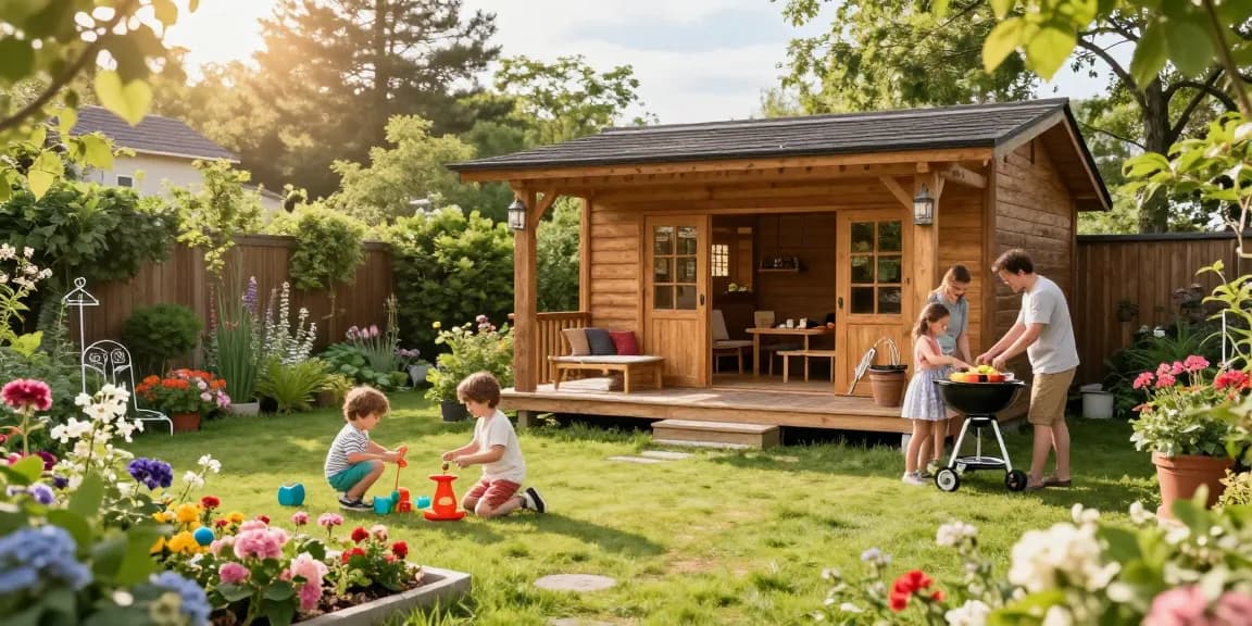 Garten Haus in einem grünen Garten mit glücklicher Familie und bunten Blumen.