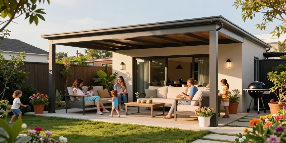 Freistehende Terrassenüberdachung mit Familie im Garten genießen