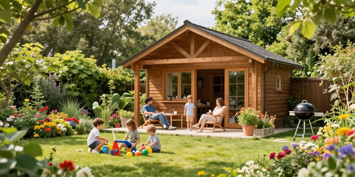 Schönes Gartenhaus Holz umgeben von blühenden Blumen und spielenden Kindern für Gartenliebhaber.