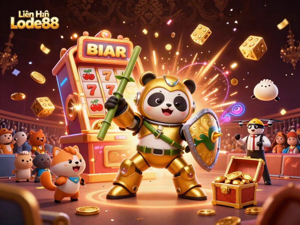 Experience the thrill of Liên Hệ Lode88 with a dynamic casino-themed scene featuring a winning panda robot amidst the jackpot excitement.