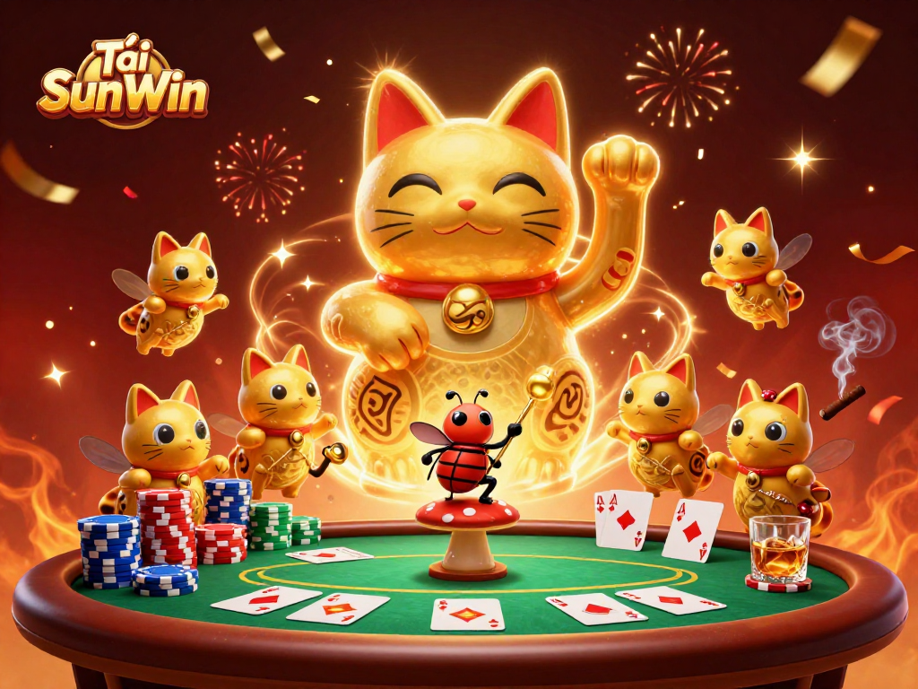 Tải SunWin showcases a vibrant 3D illustration of a lucky cat and a conductor beetle, perfect for online gamblers.