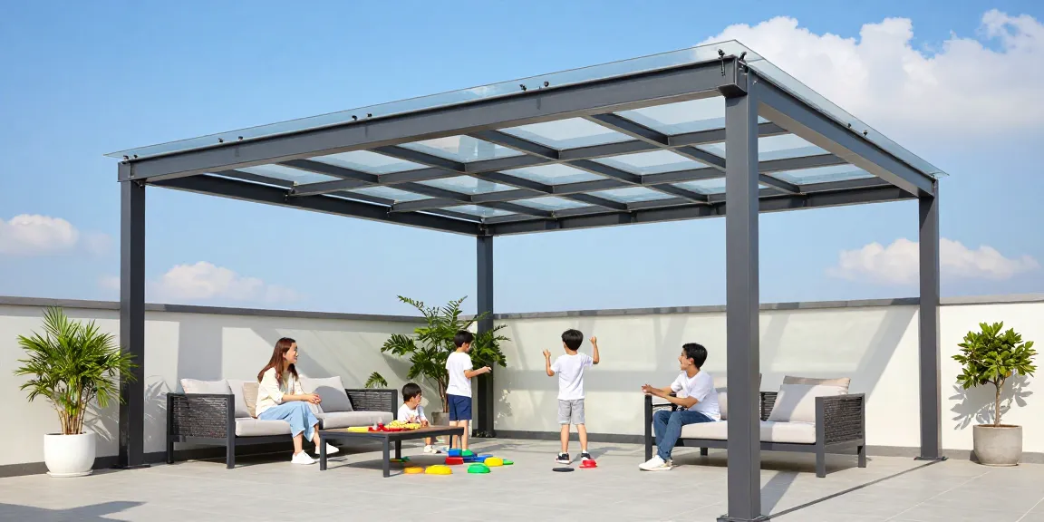 Familie genießt den sonnigen Tag unter einer hochwertigen Terrassenüberdachung und modernen Möbeln.