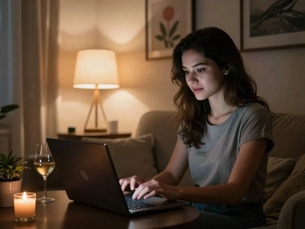 Intimate porn chat scene with a woman engaging in a virtual chat on her laptop in a cozy room.
