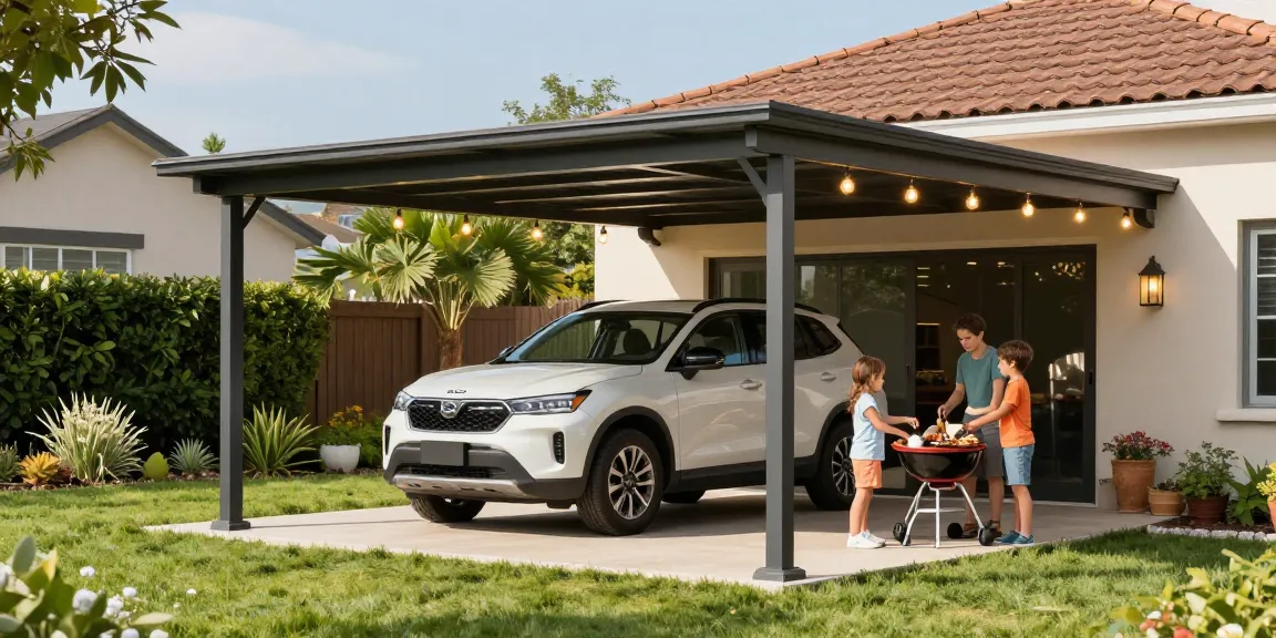 Stylischer Carport im Garten mit modernem Fahrzeug und fröhlicher Familie beim Grillen.
