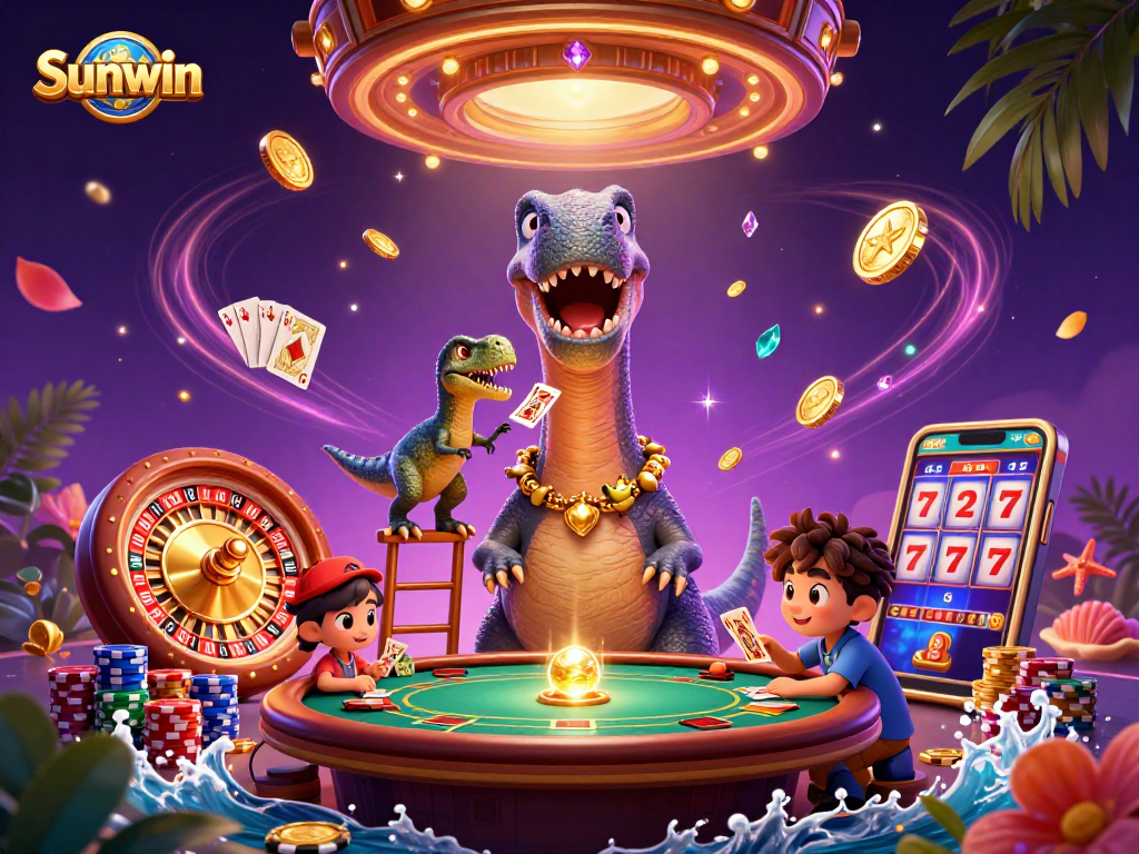Experience excitement at Sunwin with a vibrant 3D casino scene featuring iconic characters and games.