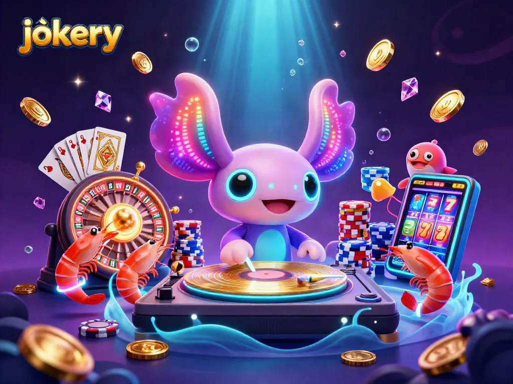 Experience jokery vibes with colorful casino characters amidst spinning roulette wheels and winning cards.