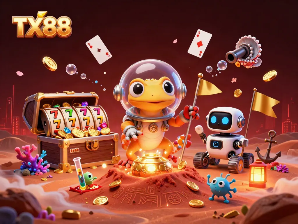 Experience TX88 with a Martian gecko discovering a golden casino amidst vibrant gambling elements.