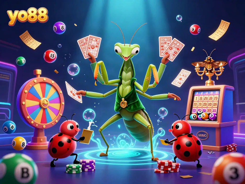 Experience the lively gambling scene with a praying mantis card sharp and ladybug pit boss at yo88.