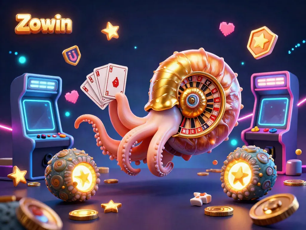 Experience exciting gameplay with Zowin's thrilling nautilus-themed casino adventure, featuring glowing game elements.