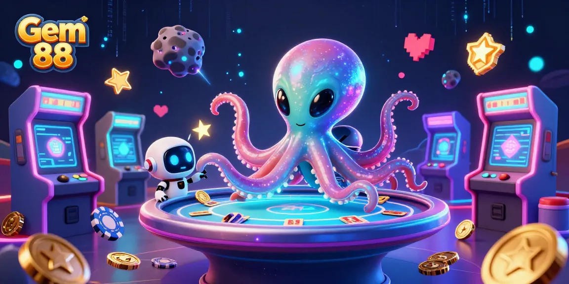 Experience Gem 88's thrilling poker scene featuring an alien octopus and a robot amidst a dynamic casino atmosphere.
