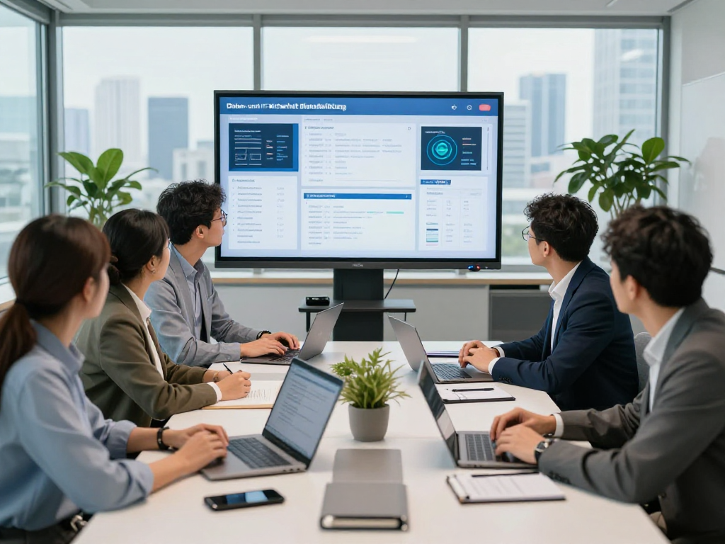 Daten- und IT-Sicherheit Dienstleistung consultation in a modern office, IT expert engaging with diverse team around security analytics.