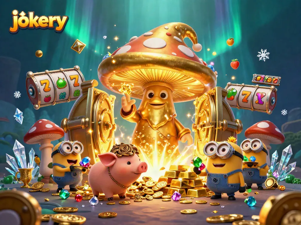 Experience jokery magic with a golden wizard, treasure vault, and vibrant slot reels.