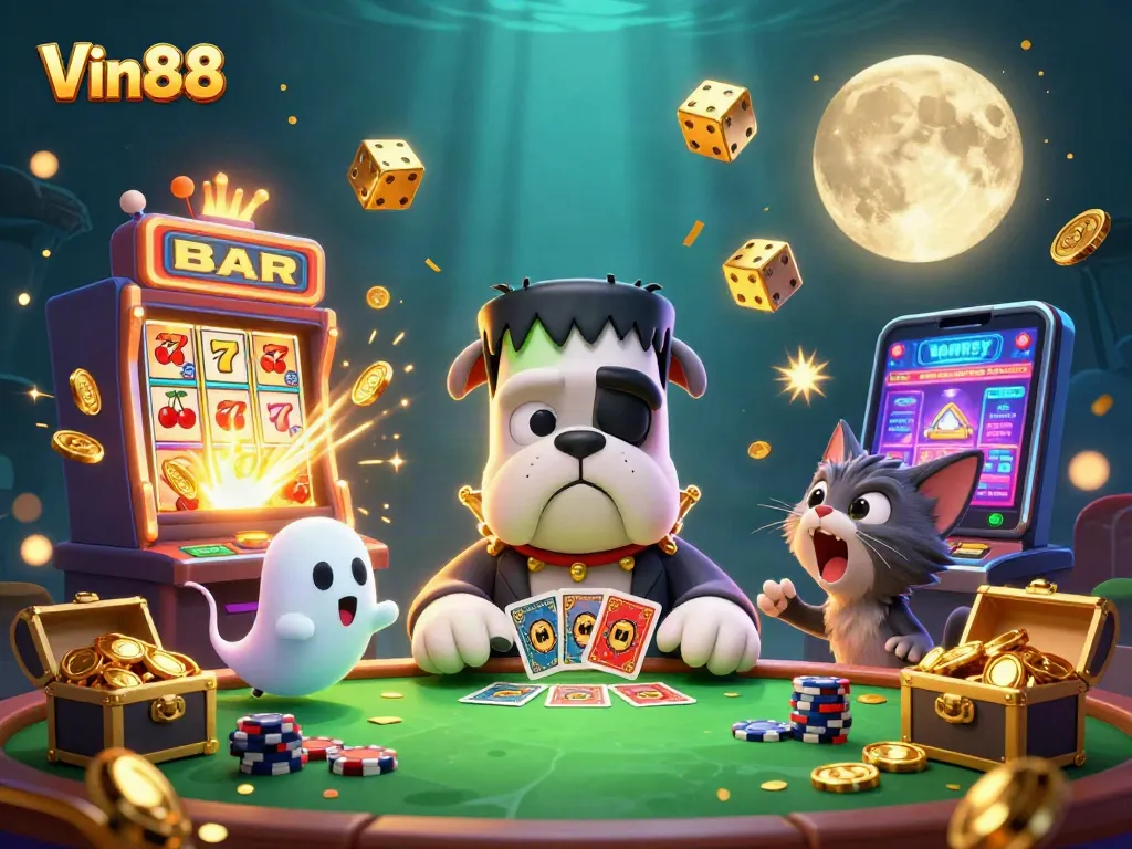Experience thrilling gameplay with Vin88's lively casino scene featuring vibrant characters and exciting elements.