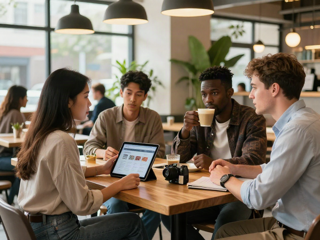 Group of young professionals discussing the rokok88 app in a stylish café.