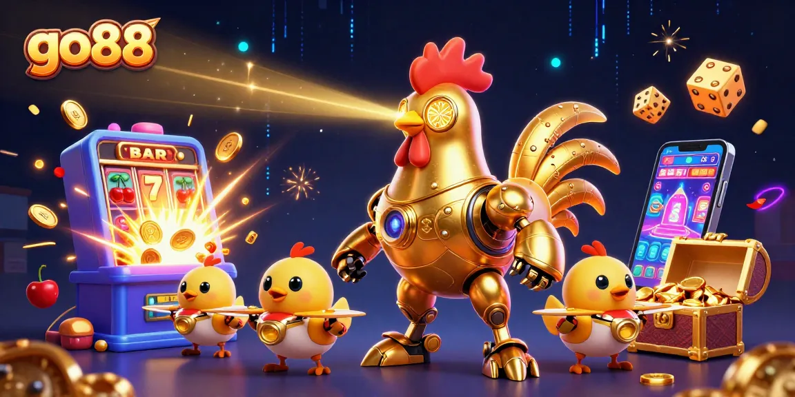 Play exciting games at go88 with a vibrant 3D casino illustration showcasing a golden rooster robot and baby drones.