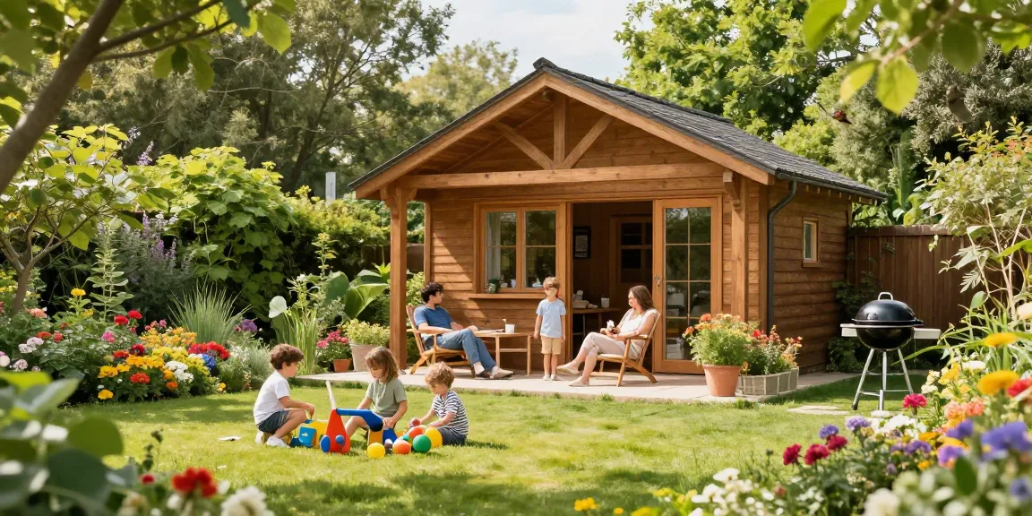 Schönes Gartenhaus Holz umgeben von blühenden Blumen und spielenden Kindern für Gartenliebhaber.