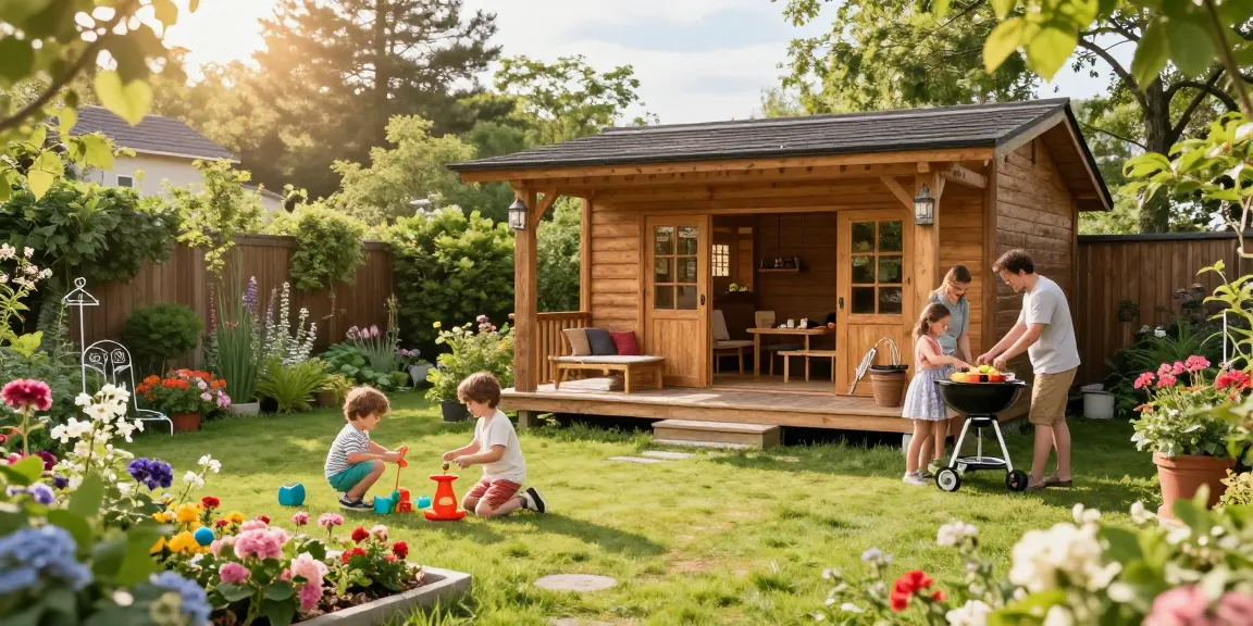 Garten Haus in einem grünen Garten mit glücklicher Familie und bunten Blumen.