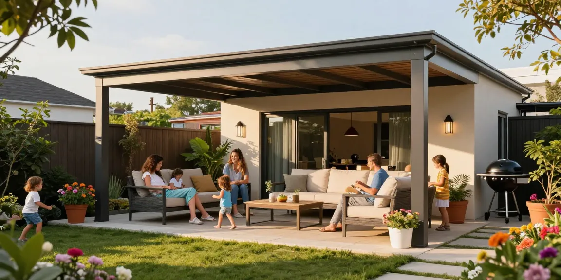 Freistehende Terrassenüberdachung mit Familie im Garten genießen