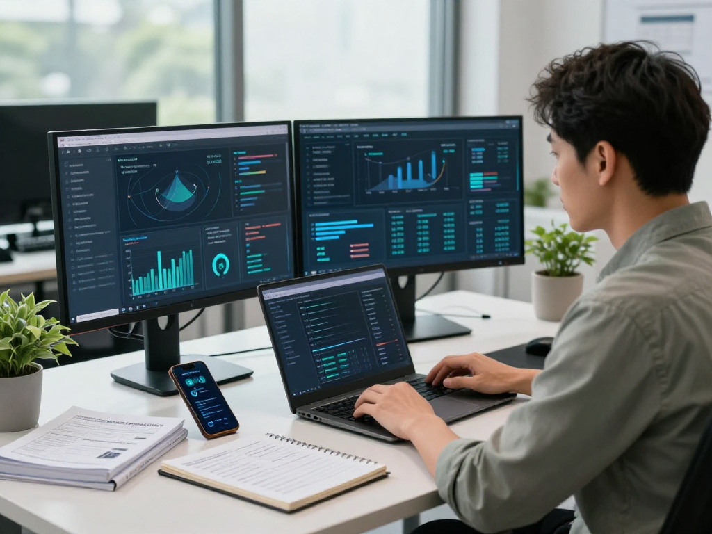 Daten- und IT-Sicherheit Dienstleistungen: IT-Sicherheitsexperte arbeitet in modernem Büro mit Sicherheitsanalysen und technischer Ausrüstung.