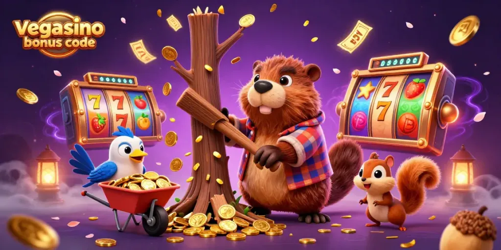Engage with the vegasino bonus code in a vibrant 3D scene of whimsical characters surrounded by slot elements.