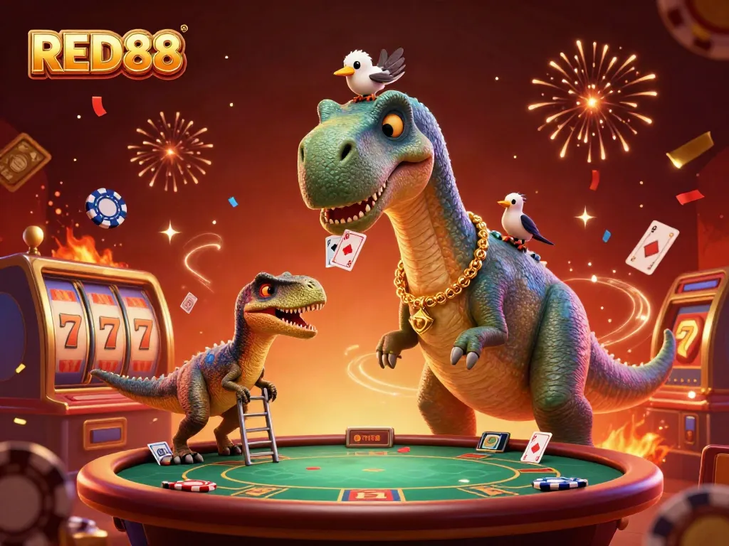 Experience the excitement of RED88 with a vibrant scene featuring a brontosaurus and raptor in a bustling casino.