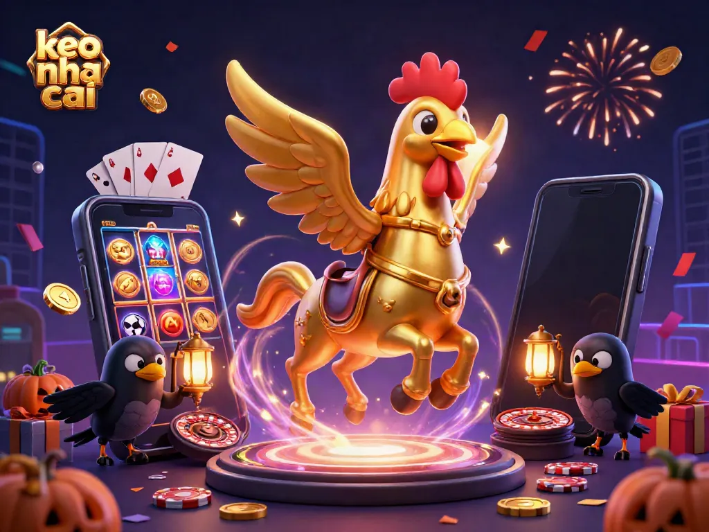 Experience keo nha cai action with a golden rooster navigating a vibrant casino scene filled with exciting gaming elements.