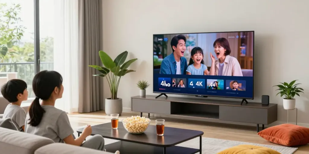 Family enjoying IPTV 4K streaming in a cozy living room with modern decor.