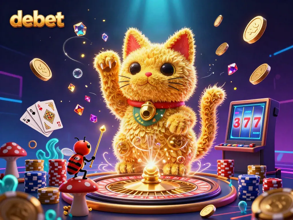 Experience debet's vibrant online casino atmosphere with golden fireflies, coins, and gaming elements.