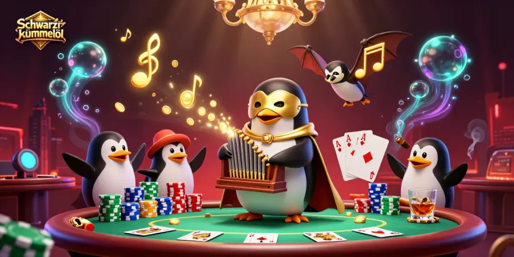 Erleben Sie die Würze des Schwarzkümmelöls in diesem lebhaften Casino-Szenario, umgeben von Poker-Elementen.