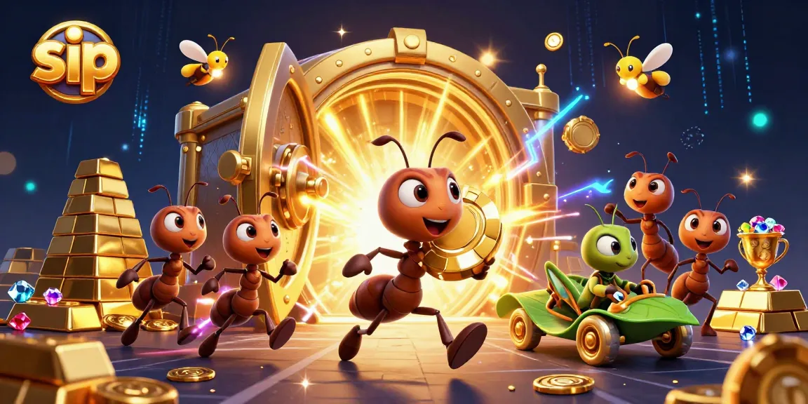 Join the ants in a sip adventure, navigating the heist with a golden poker chip.