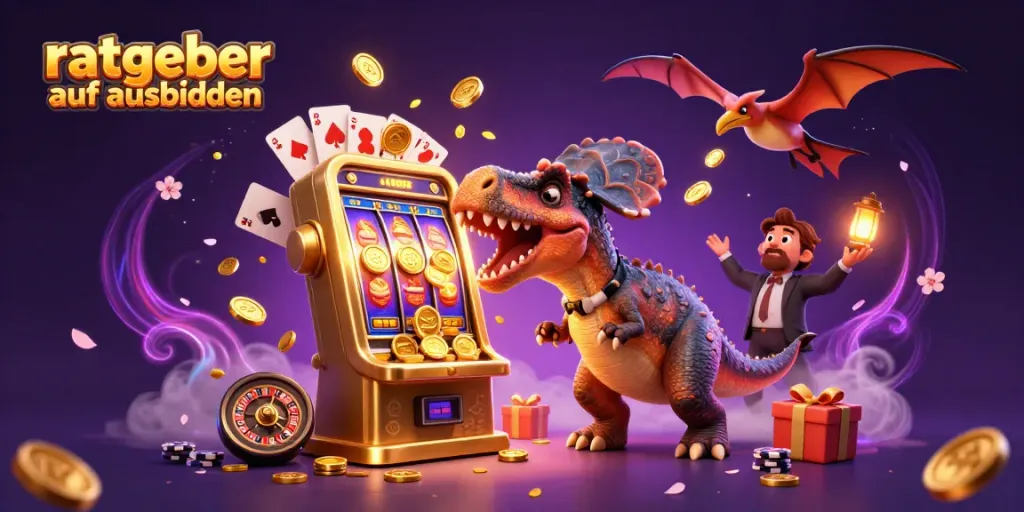 Ratgeber auf ausbilden: 3D Illustration eines Dinosauriers, der einen Slotautomaten knackt und goldene Münzen sprudelt.