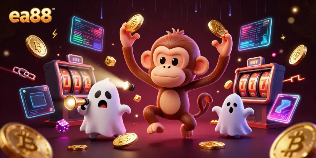 ea88 showcases thrilling online gaming with a ghostly monkey and flashlight puppy in a lively casino.