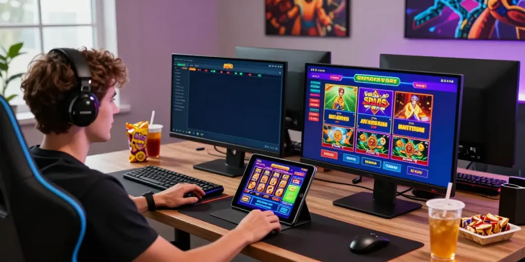 Player enjoying games at 1da88.it.com with vibrant casino graphics and a modern gaming setup.