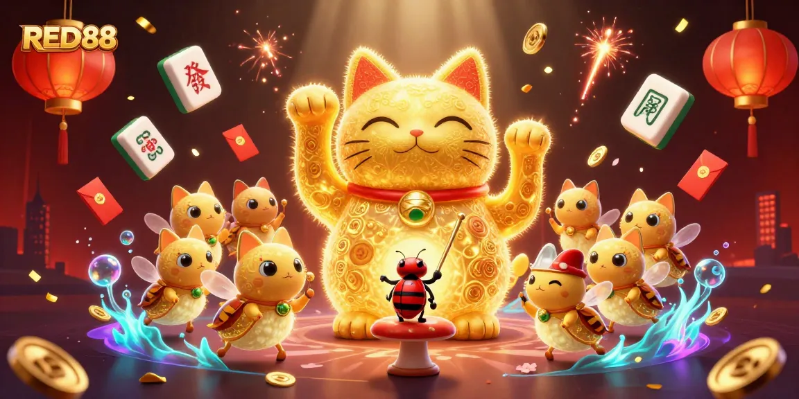 Join the excitement at RED88 with a vibrant 3D illustration of a lucky cat and dynamic casino symbols.