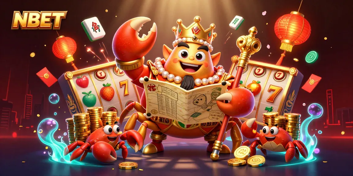 Experience NBET slots with a golden crab emperor amidst vibrant treasures and casino excitement