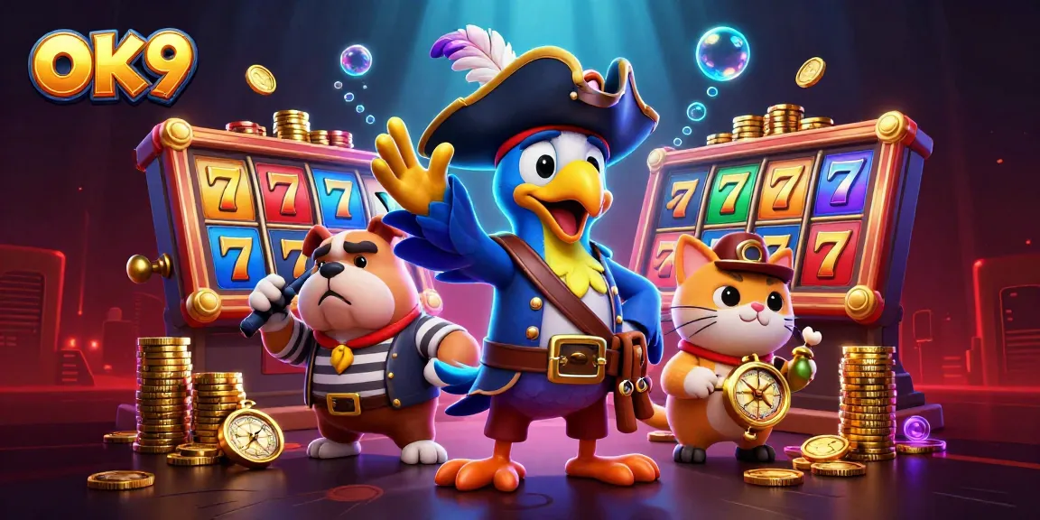 Experience thrilling slot adventures with OK9's vibrant casino scene featuring dynamic characters and game elements.