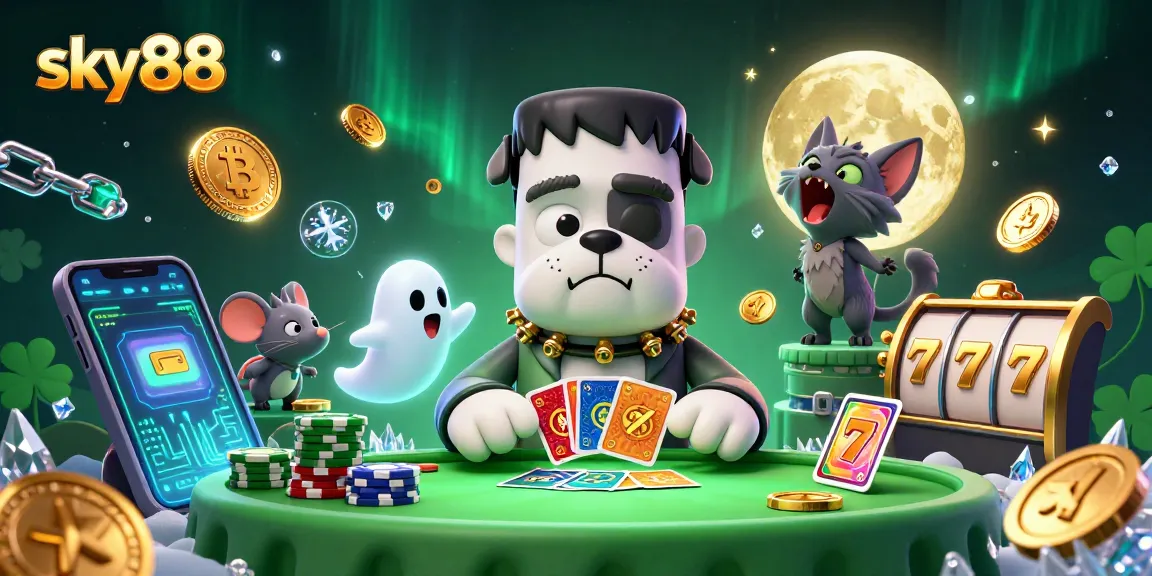 Try your luck at sky88 with a lively colorful casino scene featuring unique characters and crypto elements.