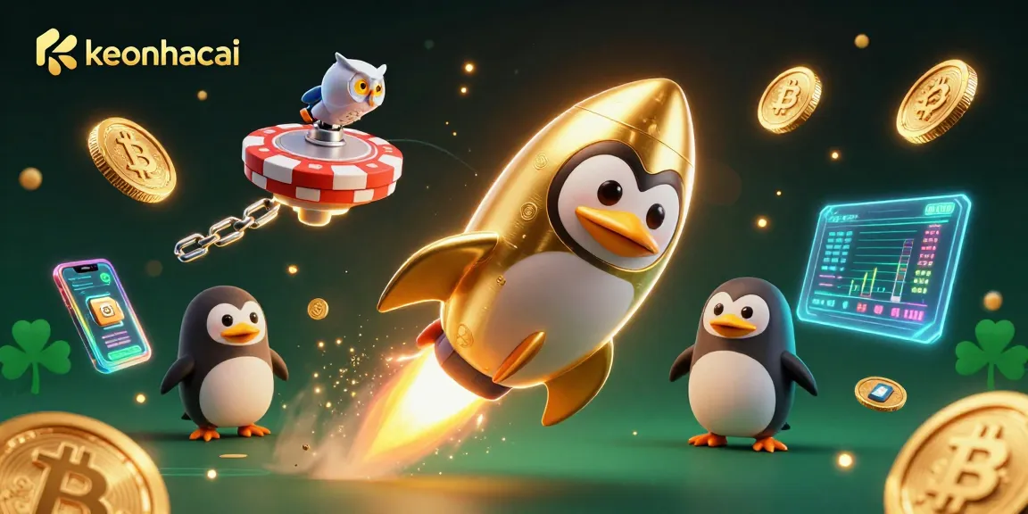 Bet on keonhacai with thrilling 3D space casino art featuring a penguin and crypto coins.