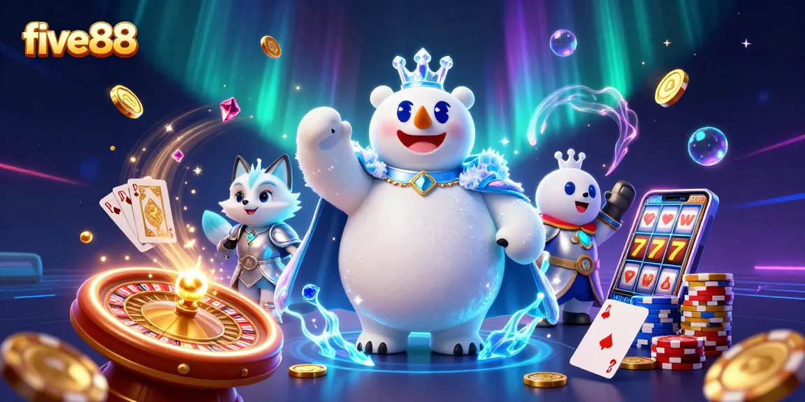 Win big at five88 casino with immersive 3D illustrations of festive gaming elements and characters.