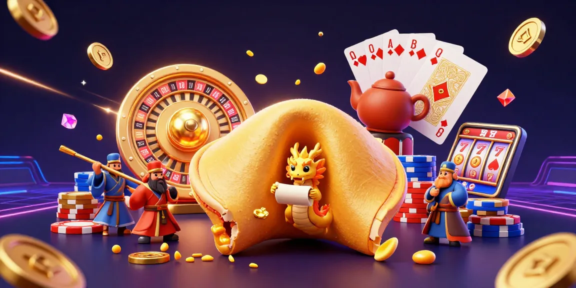 Experience GMNC's thrilling gaming atmosphere with golden fortune cookie characters and casino elements.