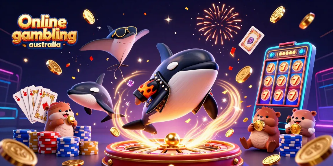 Engage in online gambling Australia with a vibrant 3D scene featuring playful sea characters and casino elements.