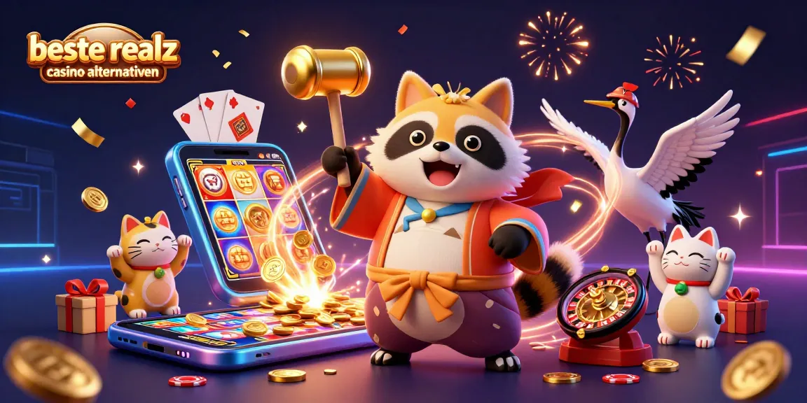 Die besten realz Casino Alternativen entdecken mit bunten Spielern und Spielautomaten in einem festlichen 3D-Szenario.