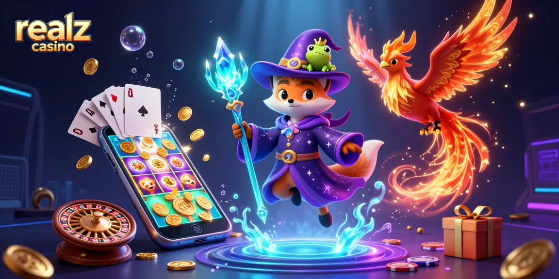 Experience the vibrant world of realz casino with a mystical scene featuring a wizard fox, phoenix, and slot games.