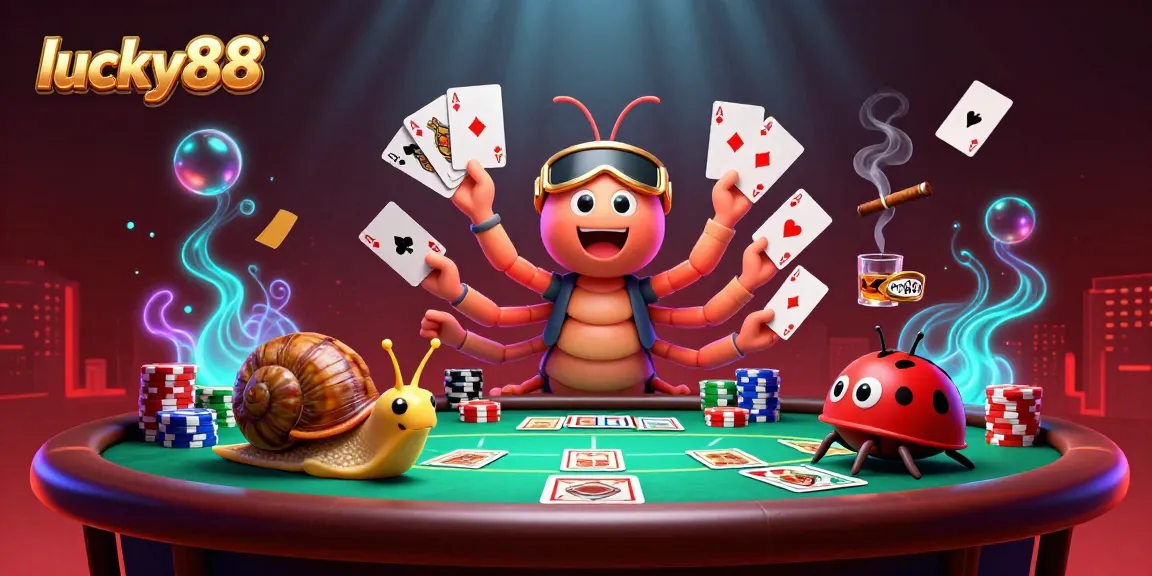 Engaging lucky88 poker scene featuring a millipede dealer and playful elements around vibrant gaming atmosphere.