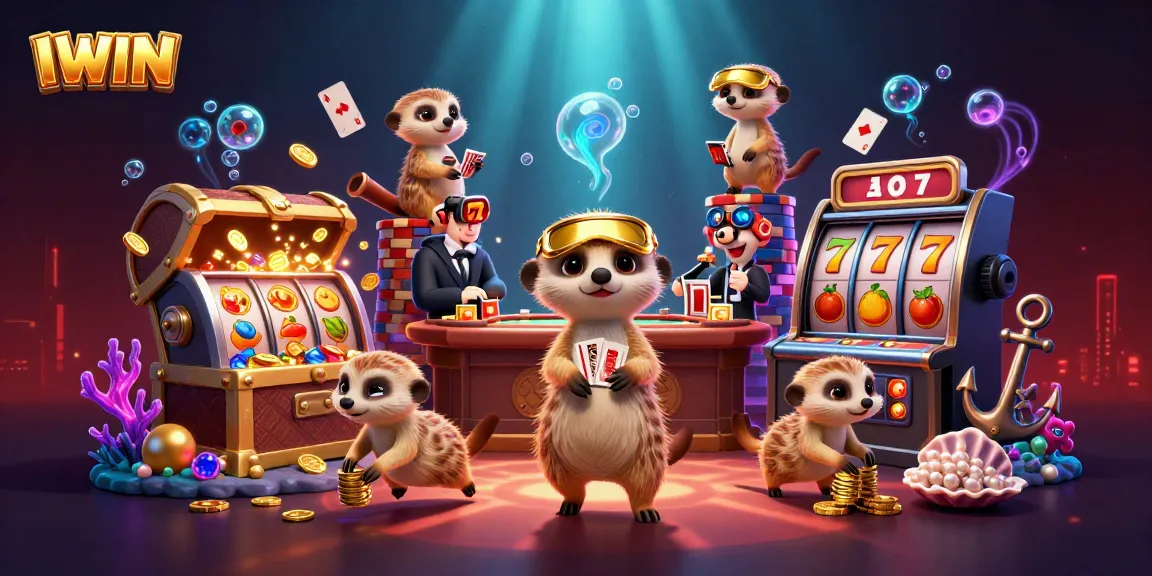 IWIN casino showcases engaging meerkats in a vibrant, dynamic casino scene with slot machine elements.
