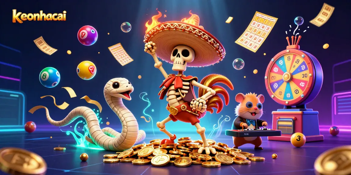 Win exciting prizes with keonhacai's vibrant lottery scene featuring a lively cartoon atmosphere.