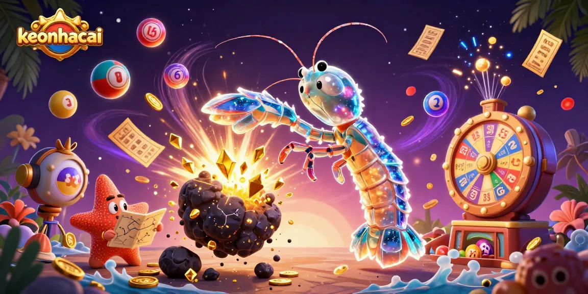 keonhacai showcasing vibrant lottery elements with a dynamic samurai shrimp and starfish in action