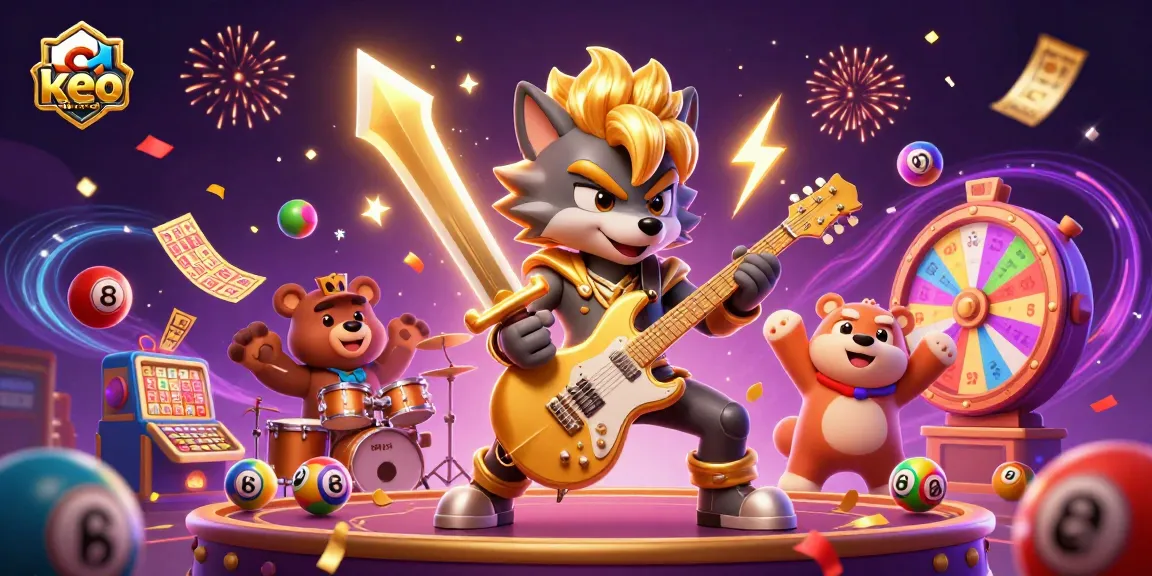 Experience the thrill of keo nha cai with a vibrant casino scene featuring a rock star wolf and dynamic lottery elements.