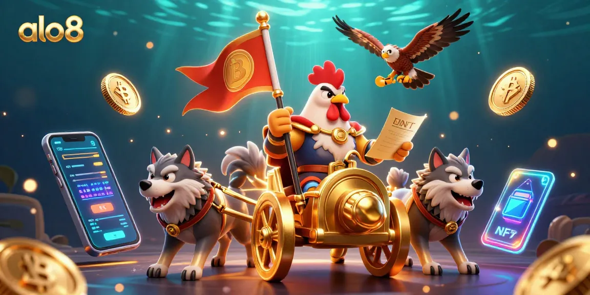 Engage with alo8 as a vibrant 3D illustration highlights crypto-themed gambling excitement.
